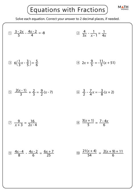 equations with fractions worksheet answer key